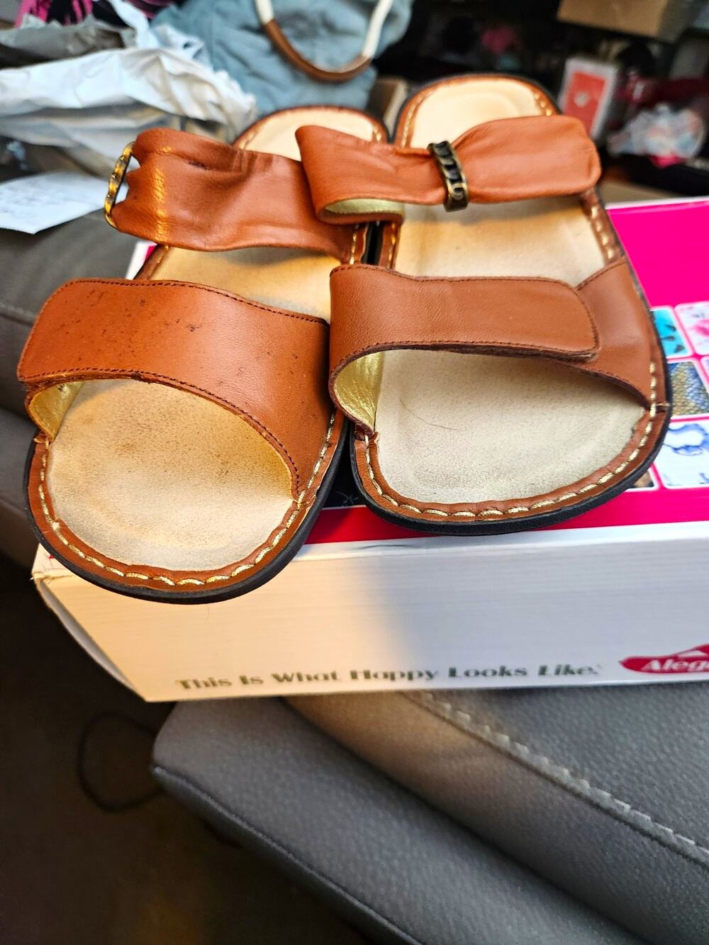 Alegria Women's Cognac Leather Strappy Sandals Comfort Adjustable Strap US 9